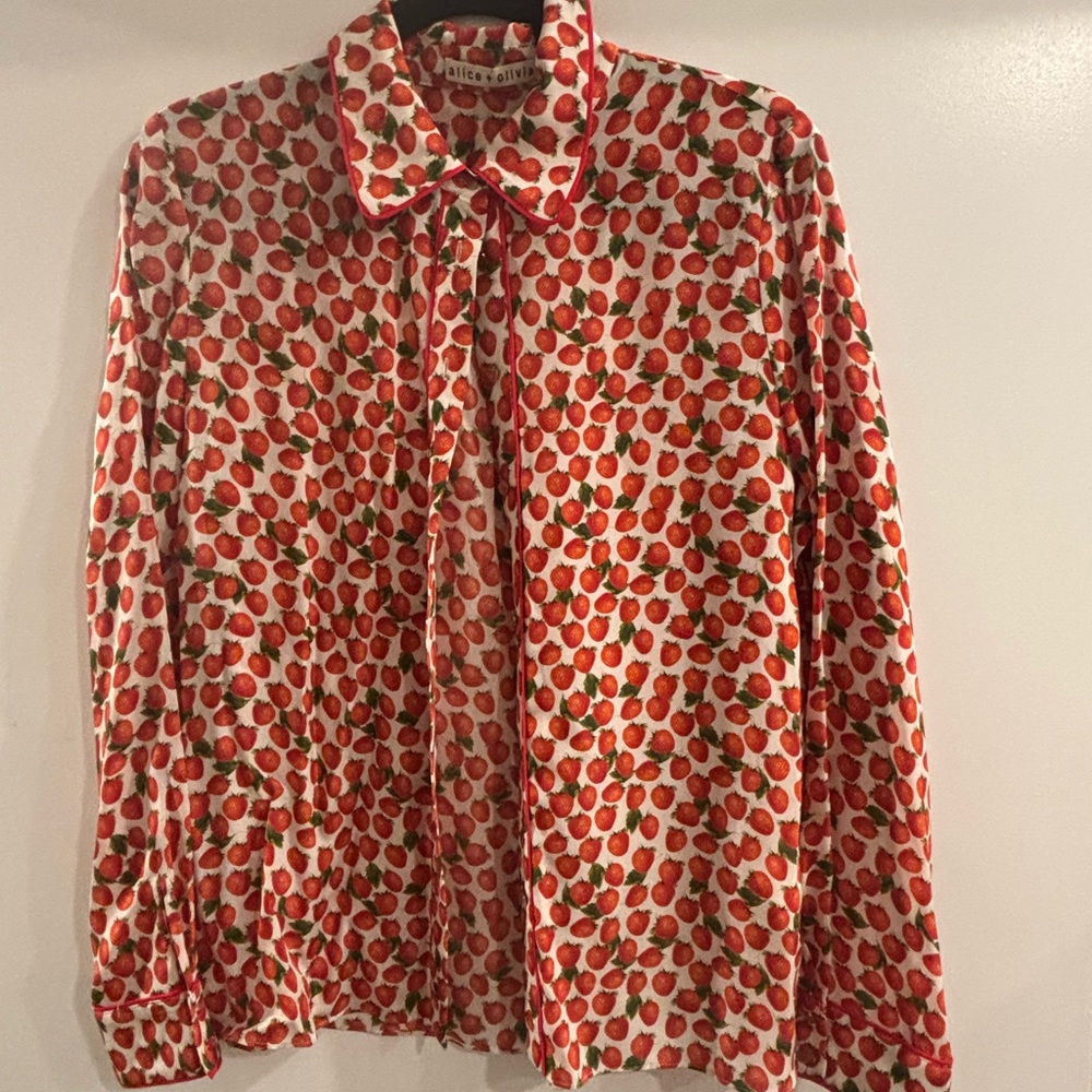 Alice + Olivia Red and Green Berry Print Shirt - Picture 2 of 3